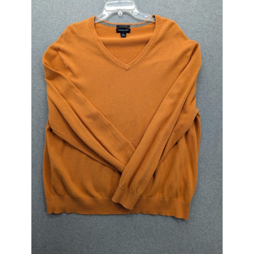Lands' End Sweater Mens XL Orange V Neck 100% Supima Cotton Knit Pullover Casual